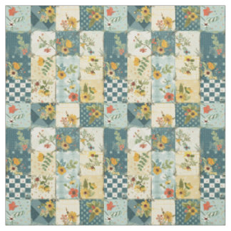 Vintage Blue Yellow Green Patchwork Quilt Fabric
