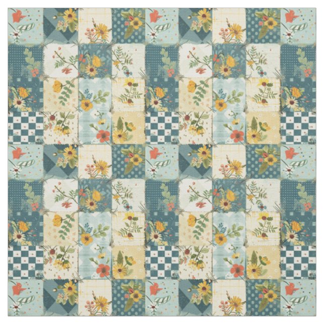 Vintage Blue Yellow Green Patchwork Quilt Fabric (Swatch)