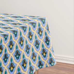 Vintage Blue Yellow Moroccan Arabic Tracery Art Tablecloth