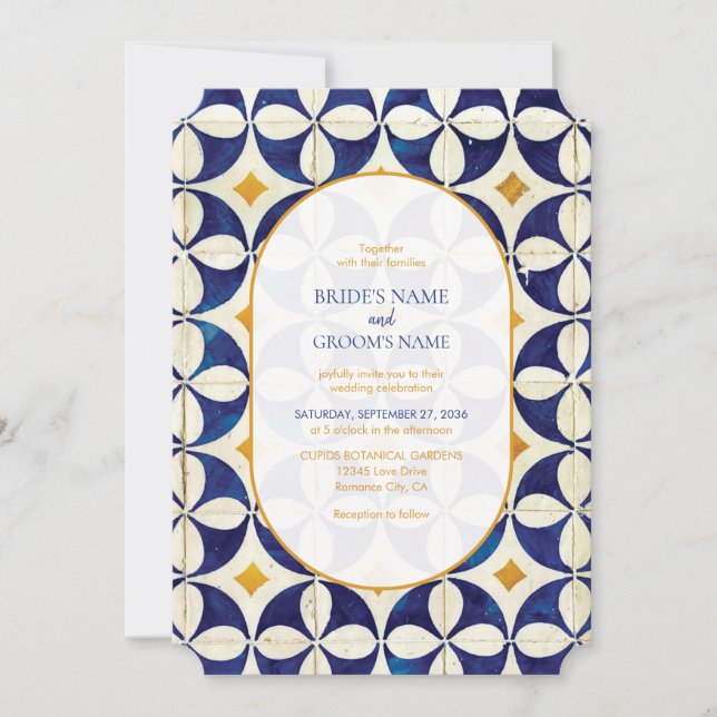 Vintage Blue & Yellow Portuguese Pattern Wedding Invitation (Front)