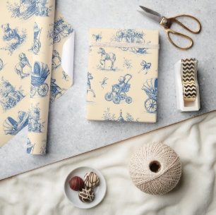 Vintage Blue  & Yellow Toile Baby Theme Wrapping Paper