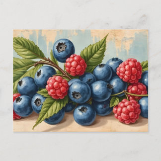 Vintage Blueberries and Raspberries Postcard