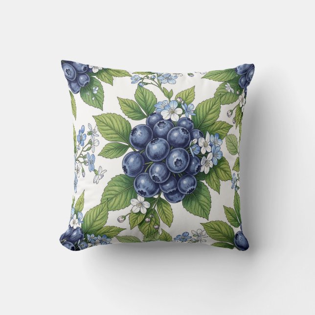 Vintage Blueberry Blossom Botanical Pattern Cushion (Front)