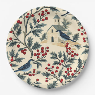 Vintage Bluebird Holly Christmas Cream Red Paper Plate
