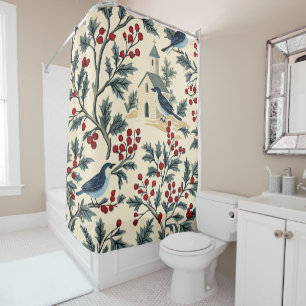 Vintage Bluebird Holly Christmas Cream Red Shower Curtain