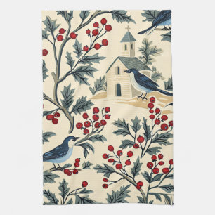 Vintage Bluebird Holly Christmas Cream Red Tea Towel
