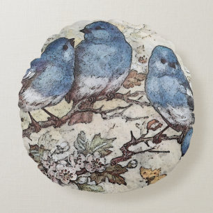 Vintage bluebird illustration cute birds nature round cushion