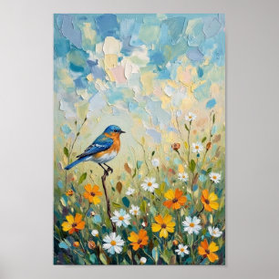 Vintage Bluebird Meadow Floral Art Poster