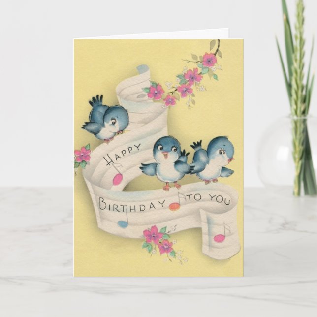 Vintage - Bluebirds Singing Happy Birthday, Card (Front)