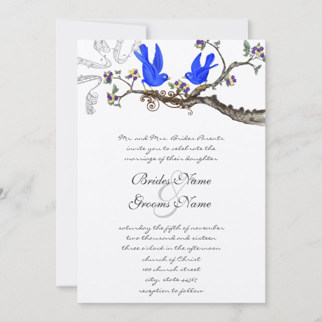 Vintage Bluebirds Yellow & Purple  Wedding Invite (Front)
