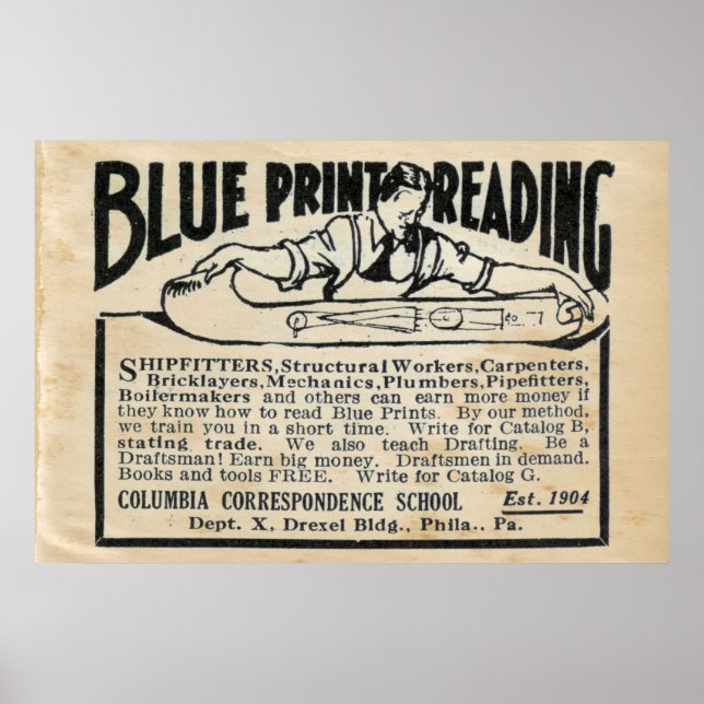 Vintage Blueprint Reading Ad Poster (Front)