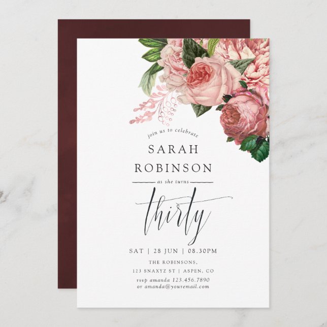 Vintage Blush and Burgundy 30th Birthday Party Invitation (Front/Back)