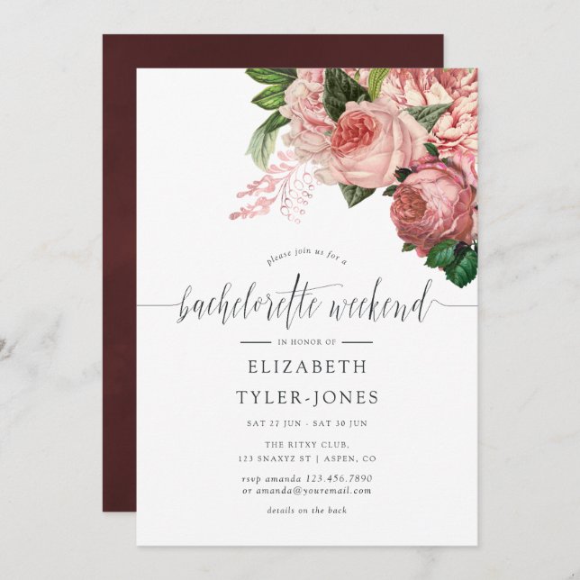 Vintage Blush and Burgundy Bachelorette Weekend Invitation (Front/Back)