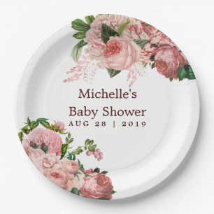 Vintage Blush and Burgundy Floral Baby Shower Paper Plate
