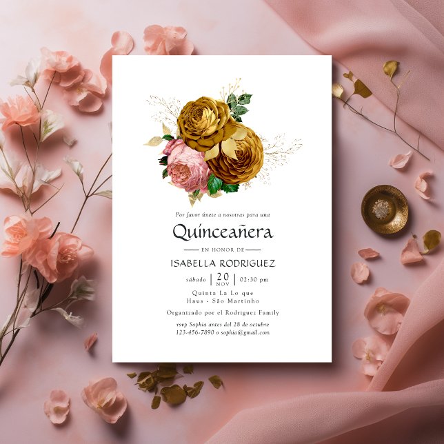 Vintage Blush and Gold Floral Quinceañera Invitation (Creator Uploaded)
