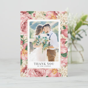 Vintage Blush and Ivory Flowers Wedding Photo Thank You Card