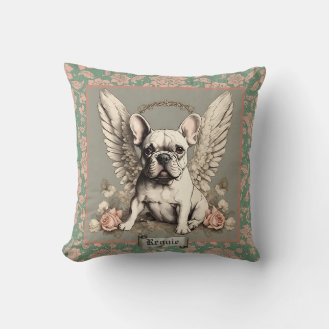 Vintage Blush and Mint French Bulldog Angel  Cushion (Front)