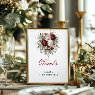 Vintage Blush Burgundy Floral Drinks 8x10 Sign