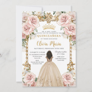 Vintage Blush Champagne Floral Dress Quinceanera Invitation