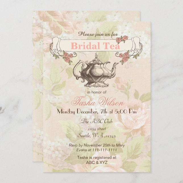 vintage Blush floral Bridal Tea Party Invites (Front/Back)