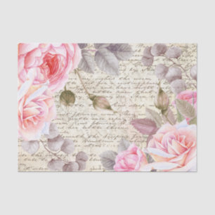 Vintage Blush Floral Roses Old Letter Decoupage Tissue Paper