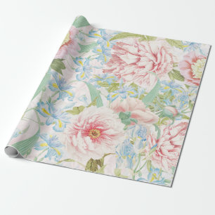 Vintage Blush Peony Flowers Blue Iris Pattern Wrapping Paper