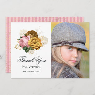 Vintage Blush Pink and Gold Floral Quinceañera Thank You Card