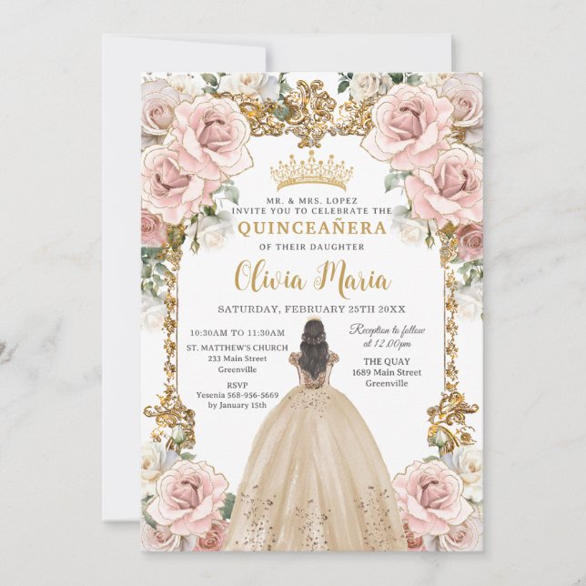 Vintage Blush Pink Champagne Floral Quinceañera Invitation (Front)