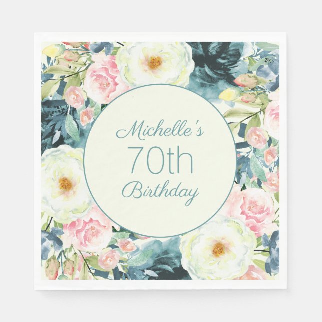 Vintage Blush Pink Cream Teal 70th Birthday  Napkin (Front)