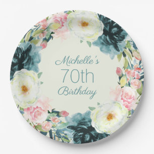 Vintage Blush Pink Cream Teal 70th Birthday Paper Plate