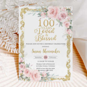 Vintage Blush Pink Floral 100th Birthday Loved Invitation