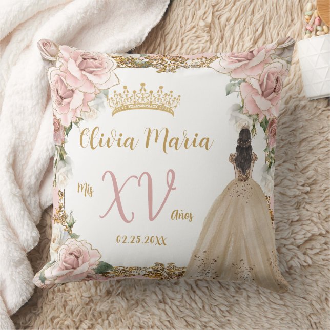 Vintage Blush Pink Floral Champagne Quinceañera Cushion (Blanket)