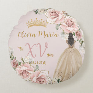 Vintage Blush Pink Floral Champagne Quinceañera Round Cushion