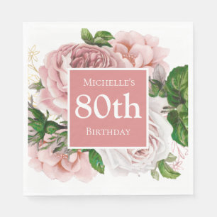 Vintage Blush Pink Floral Greenery 80th Birthday Napkin