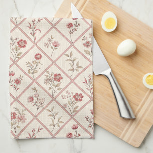 Vintage Blush Pink Floral Lattice Pattern Tea Towel
