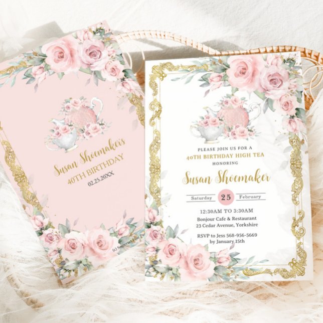 Vintage Blush Pink Floral Tea Party Birthday Party Invitation (Creator Uploaded)