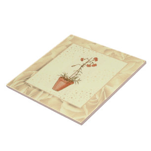 Vintage Blush Pink Green and Yellow Flowers Ceramic Tile