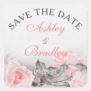 Vintage Blush Pink Grey Rose Wedding Save the Date Square Sticker