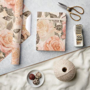 Vintage Blush Pink Peach Floral Rose Wrapping Paper