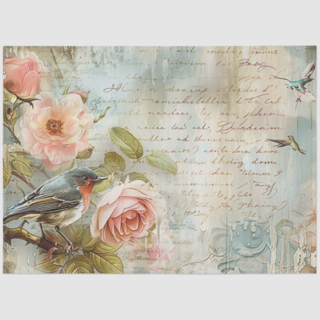 Vintage Blush Pink Rose Birds Decoupage Tissue Paper (Front)