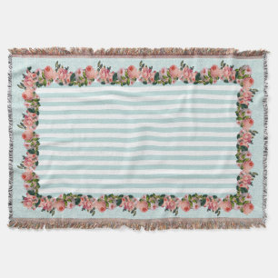 Vintage Blush Pink Rose Floral Damask Stripe Throw Blanket