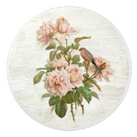 Vintage Blush Pink Roses Botanical Bird White Wood