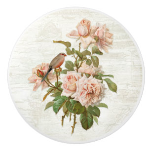Vintage Blush Pink Roses Botanical Bird White Wood Ceramic Knob