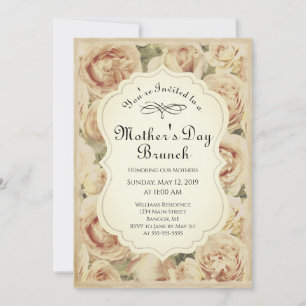 Vintage Blush Pink Roses Floral Mothers Day Brunch Invitation