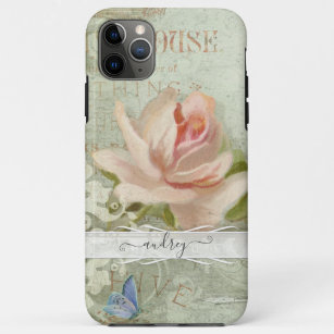 Vintage Blush Pink Roses Painted Butterfly w Name Case-Mate iPhone Case