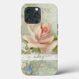Vintage Blush Pink Roses Painted Butterfly w Name iPhone 13 Pro Case