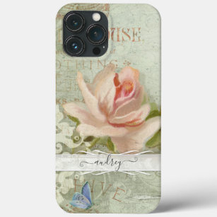 Vintage Blush Pink Roses Painted Butterfly w Name iPhone 13 Pro Max Case