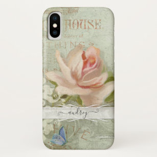 Vintage Blush Pink Roses Painted Butterfly w Name Case-Mate iPhone Case