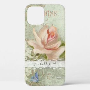 Vintage Blush Pink Roses Painted Butterfly w Name iPhone 12 Pro Case