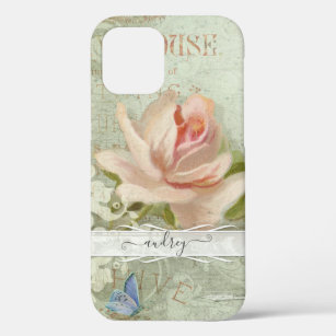 Vintage Blush Pink Roses Painted Butterfly w Name iPhone 12 Case